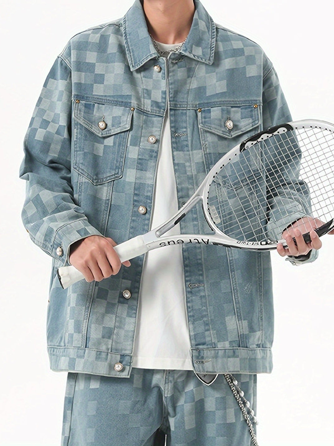 Veste en jean vintage pour homme | Mélange | Motif à carreaux | Col rabattu classique | Design multi-poches | Fermeture à boutons