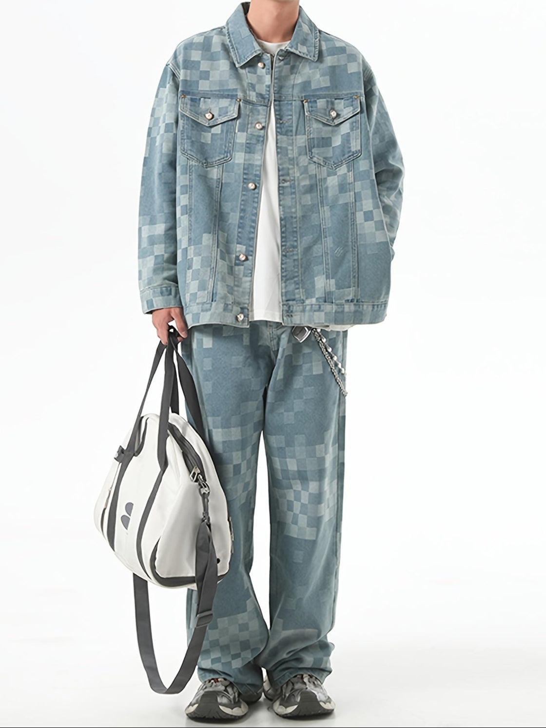 Veste en jean vintage pour homme | Mélange | Motif à carreaux | Col rabattu classique | Design multi-poches | Fermeture à boutons