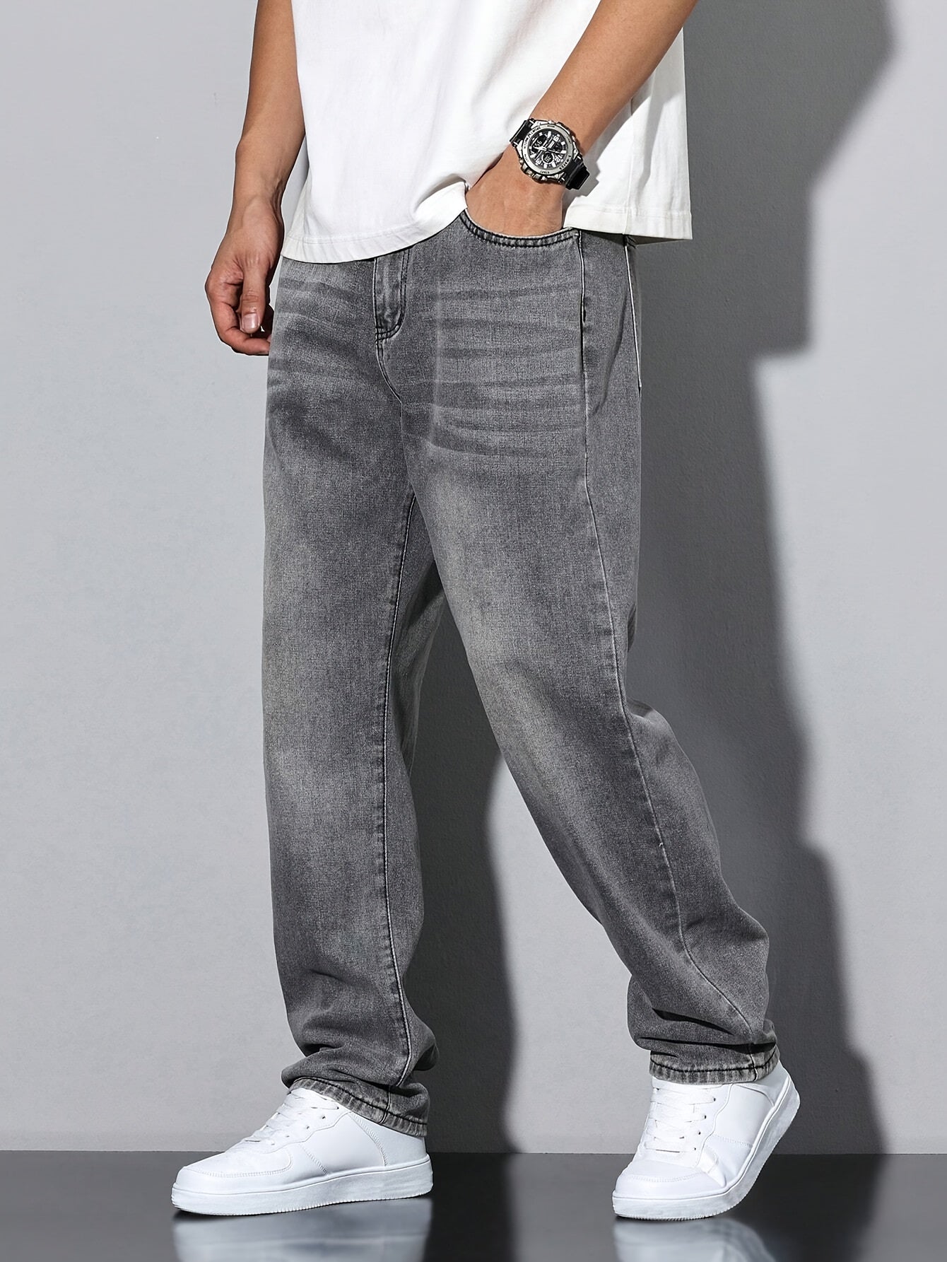 Men’s jeans - grey, aged details, casual cut, machine washable,