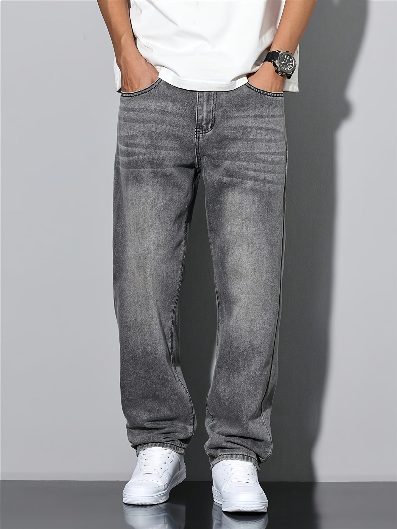 Men’s jeans - grey, aged details, casual cut, machine washable,