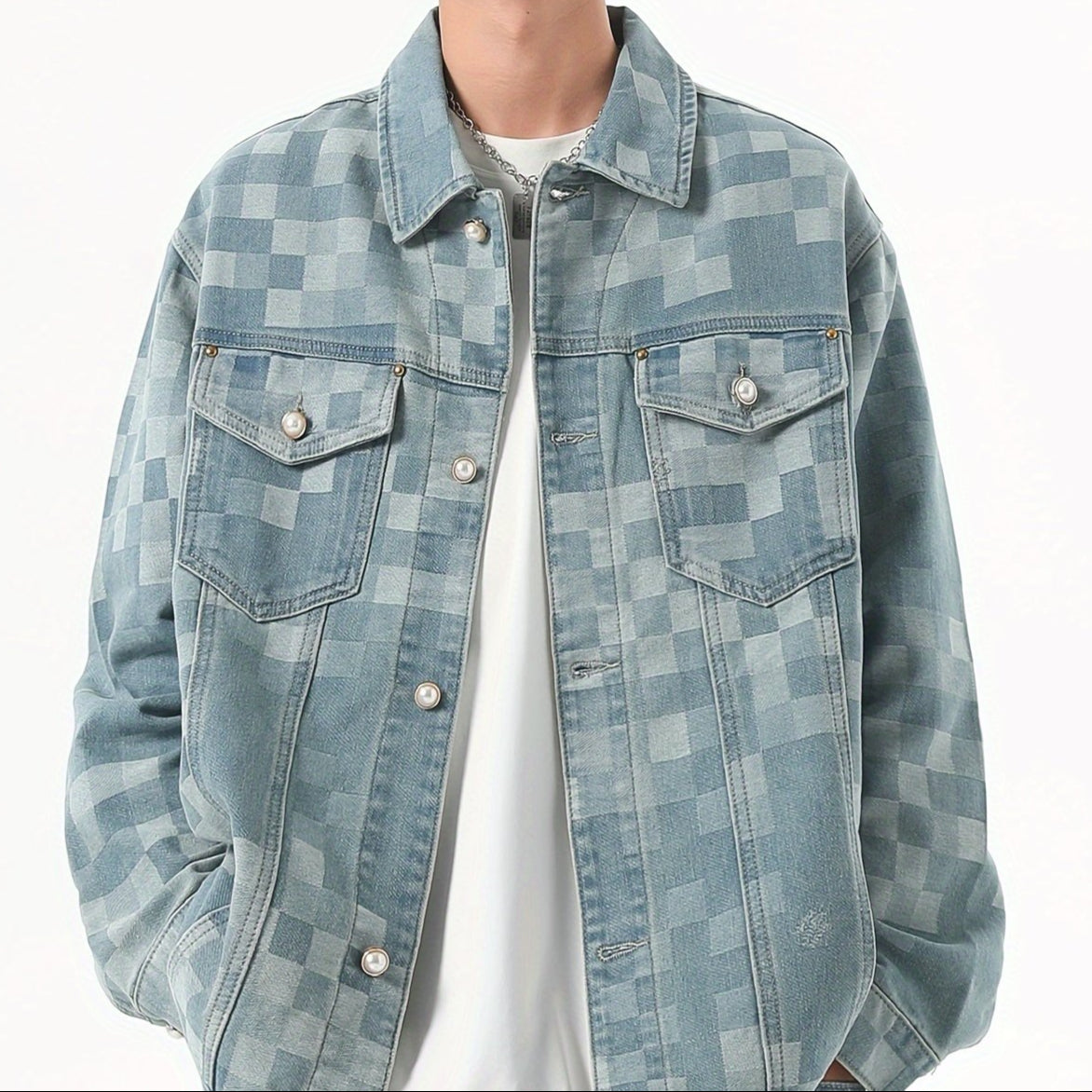 Veste en jean vintage pour homme | Mélange | Motif à carreaux | Col rabattu classique | Design multi-poches | Fermeture à boutons