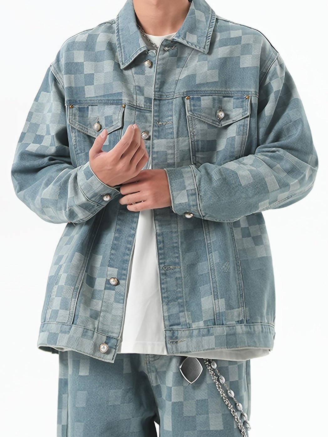 Veste en jean vintage pour homme | Mélange | Motif à carreaux | Col rabattu classique | Design multi-poches | Fermeture à boutons