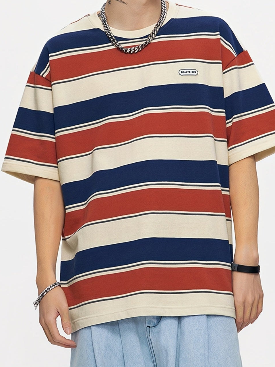 Camiseta de verano con cuello redondo a rayas para hombre