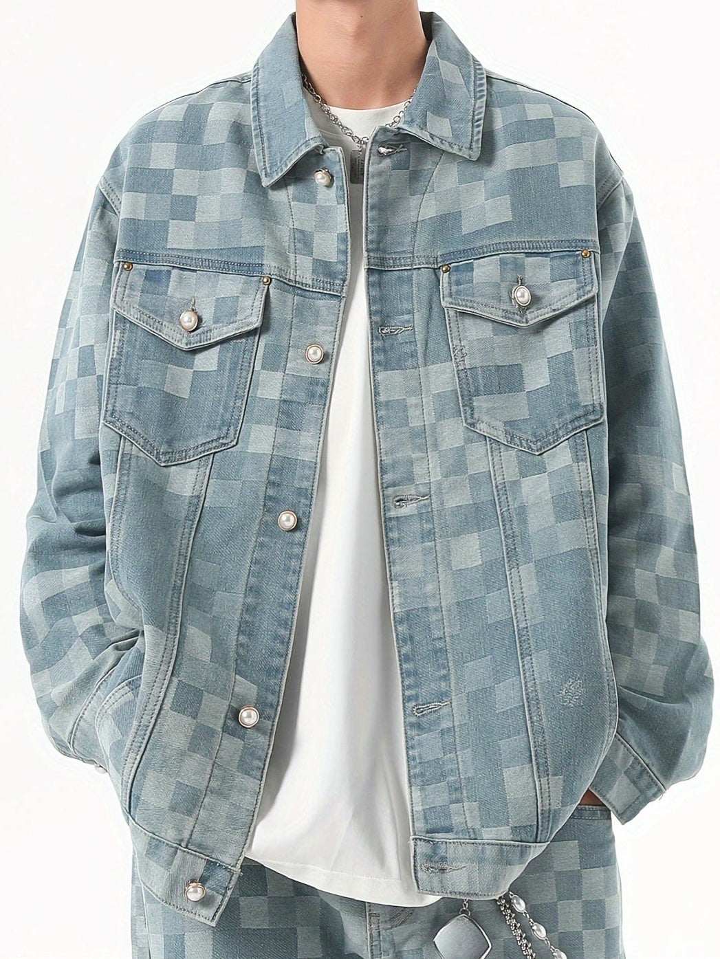 Veste en jean vintage pour homme | Mélange | Motif à carreaux | Col rabattu classique | Design multi-poches | Fermeture à boutons