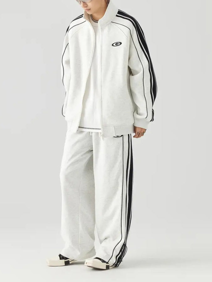 Sudadera casual con cremallera y bandas laterales - Mezcla de algodón, cuello alto, mangas largas, bolsillos grises