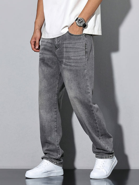 Vaqueros para hombre - Gris, detalles envejecidos, corte casual, lavable a máquina,