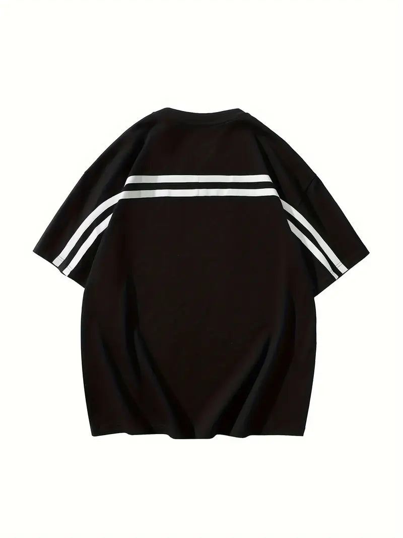 Camiseta de algodón casual para hombre con espalda a rayas y letras estampadas