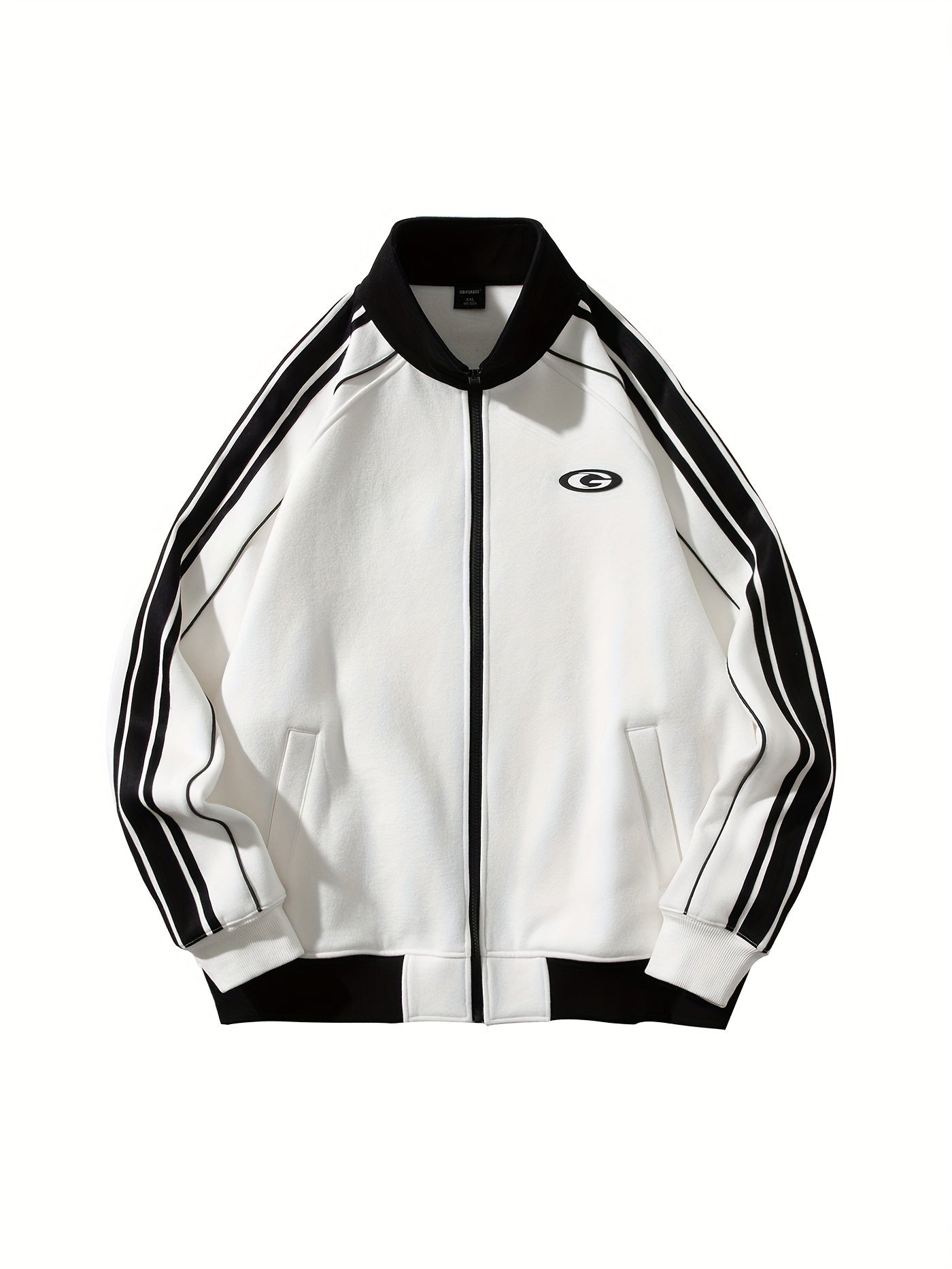 Sudadera casual con cremallera y bandas laterales - Mezcla de algodón, cuello alto, mangas largas, bolsillos blancos