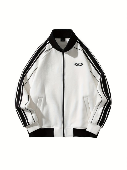 Sudadera casual con cremallera y bandas laterales - Mezcla de algodón, cuello alto, mangas largas, bolsillos blancos