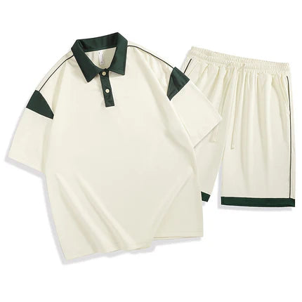 Men's Casual Fashion Sports Set, Short Sleeve Polo Shirt with Collar and Loose Shorts