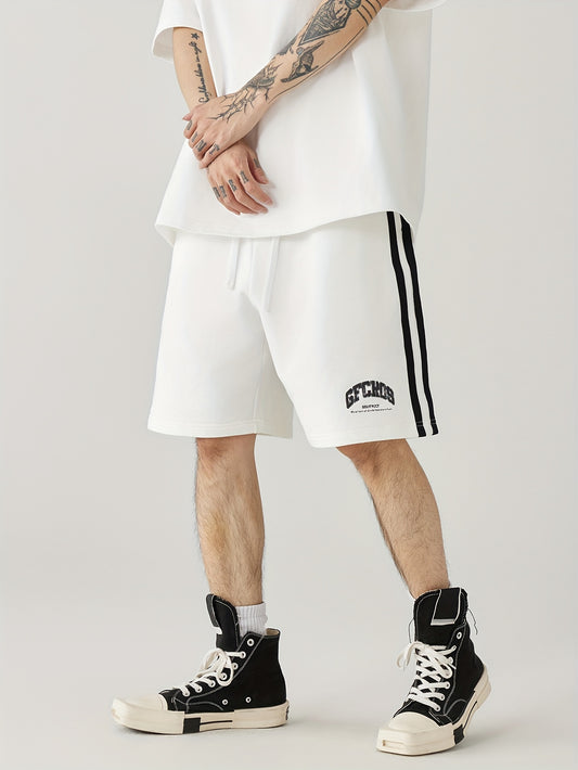 Pantalón corto amplio con rayas y estampado gráfico con bolsillos, cintura elástica y cordón