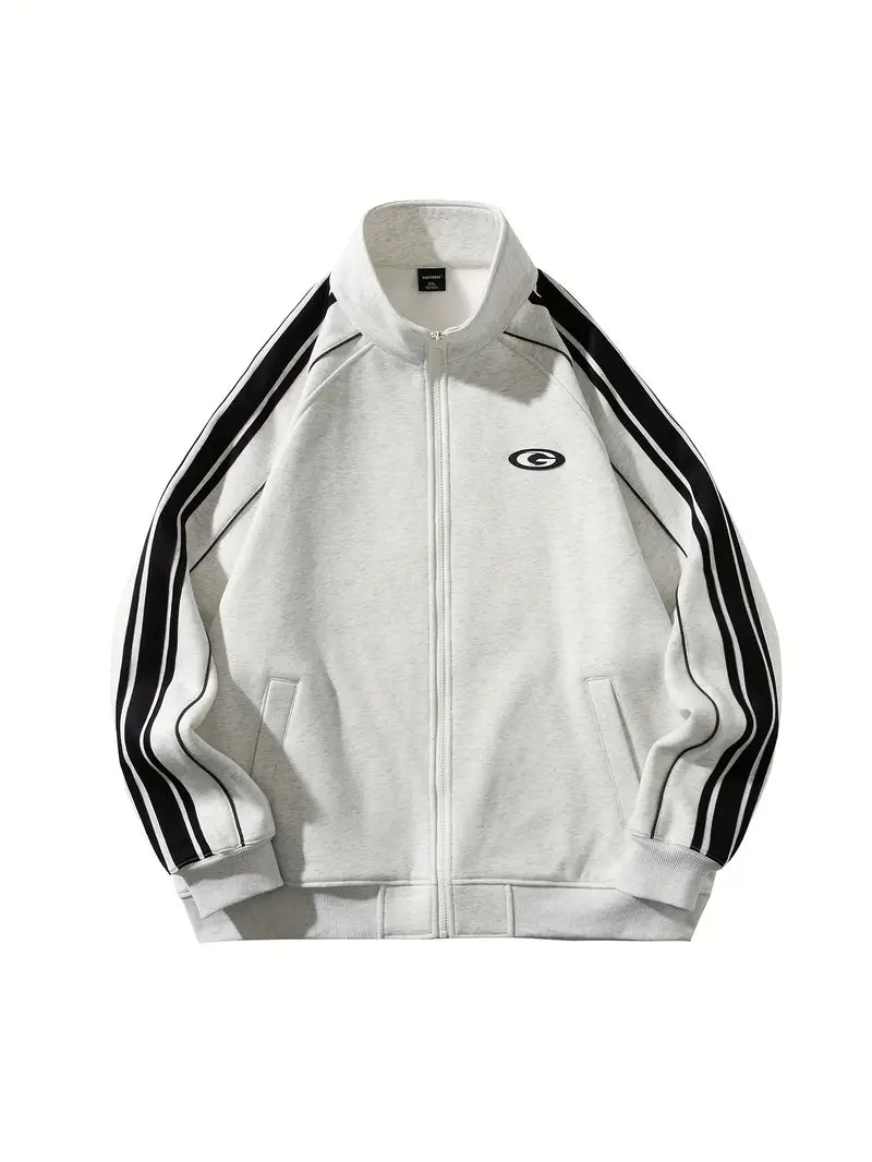 Sudadera casual con cremallera y bandas laterales - Mezcla de algodón, cuello alto, mangas largas, bolsillos grises