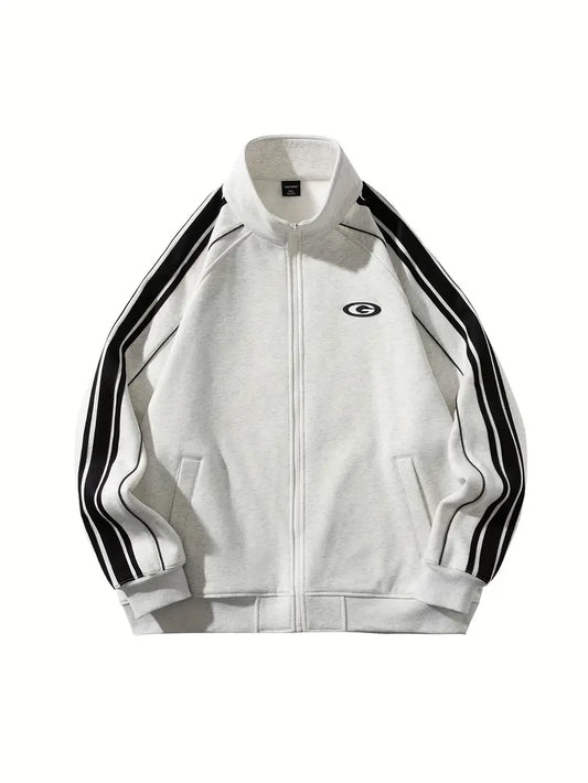 Sudadera casual con cremallera y bandas laterales - Mezcla de algodón, cuello alto, mangas largas, bolsillos grises