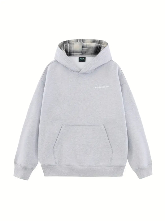 Sudadera con capucha y cuello a cuadros de corte holgado para hombre