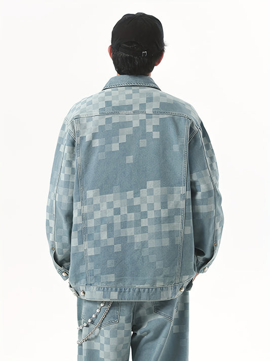 Chaqueta vaquera vintage para hombre | Mezcla | Estampado de cuadros | Cuello clásico | Diseño multibolsillos | Cierre con botones