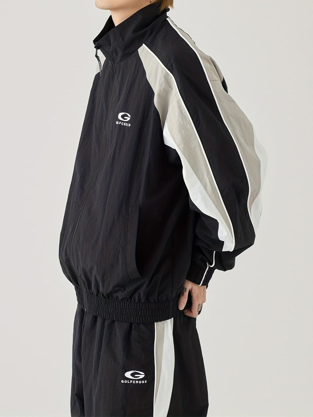 Chaqueta casual con mangas raglán rayadas en el lado con cuello alto, para primavera y otoño