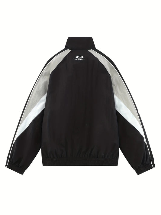 Chaqueta casual con mangas raglán rayadas en el lado con cuello alto, para primavera y otoño
