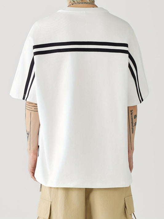 Camiseta de algodón casual para hombre con espalda a rayas y letras estampadas
