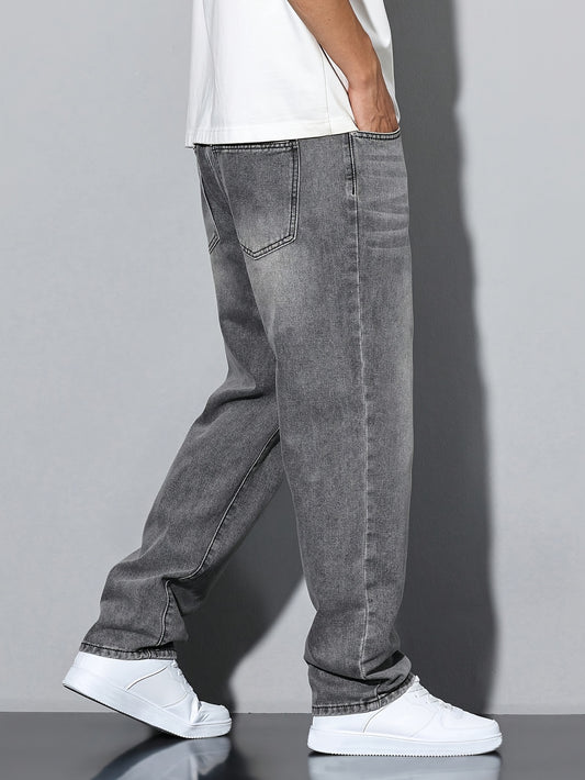 Vaqueros para hombre - Gris, detalles envejecidos, corte casual, lavable a máquina,