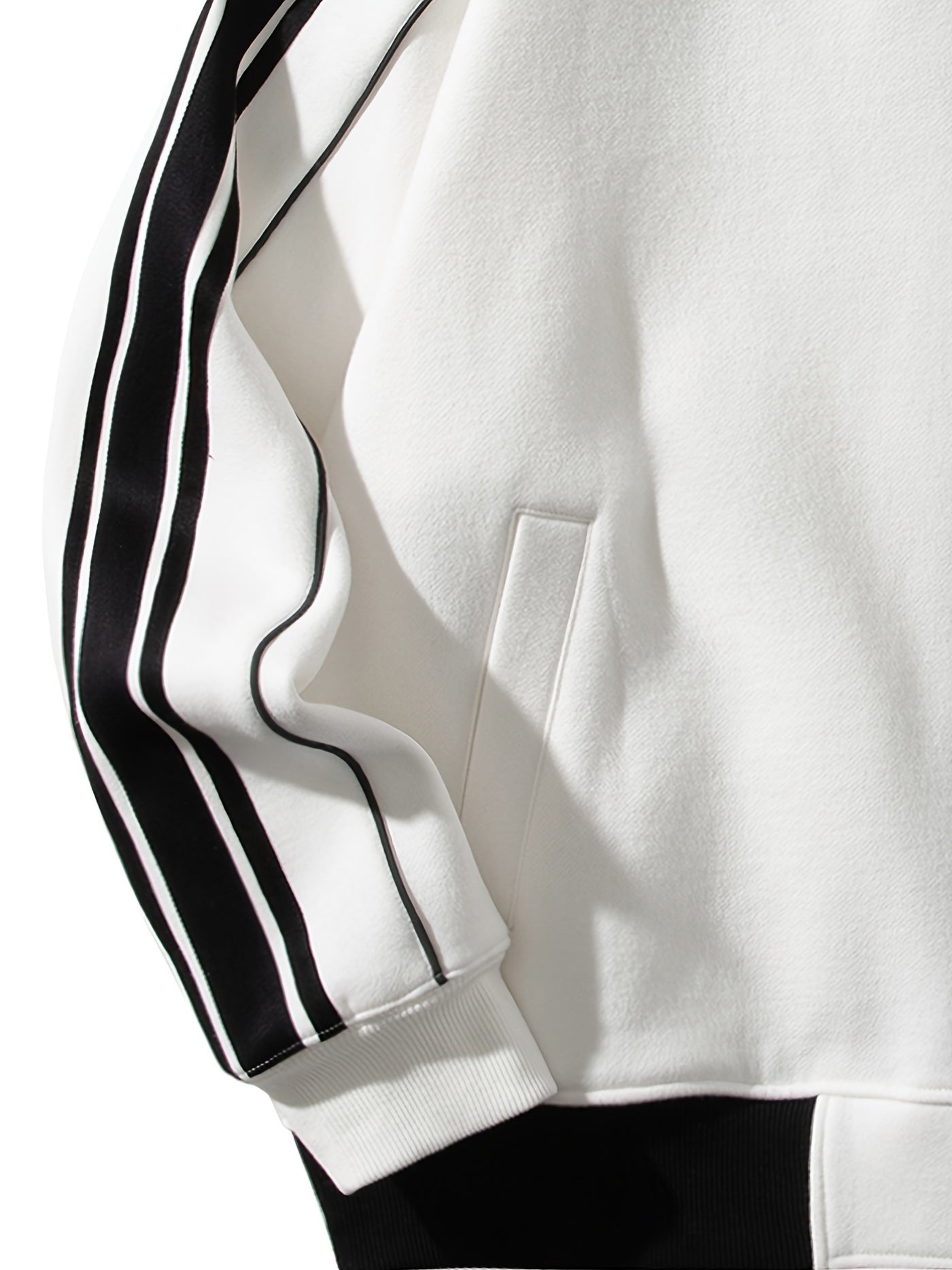 Sudadera casual con cremallera y bandas laterales - Mezcla de algodón, cuello alto, mangas largas, bolsillos blancos