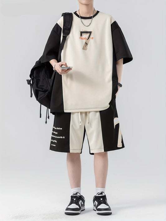 Ensemble décontracté pour homme, t-shirt à manches courtes imprimé patchwork tendance pour l'été, ensemble complet