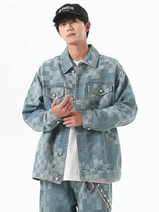 Chaqueta vaquera vintage para hombre | Mezcla | Estampado de cuadros | Cuello clásico | Diseño multibolsillos | Cierre con botones