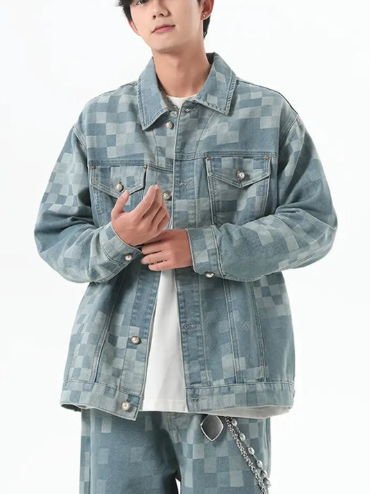 Men’s Vintage Denim Jacket | Blend | Plaid Pattern | Classic Lapel Collar | Multi-Pocket Design | Button Closure