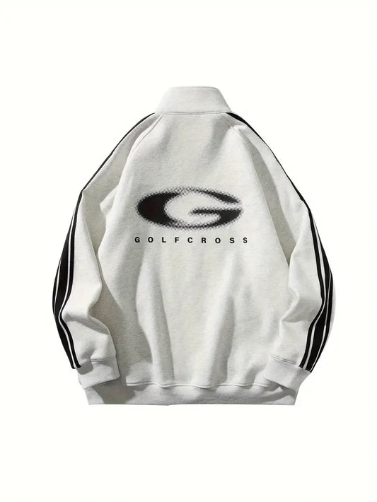 Sudadera casual con cremallera y bandas laterales - Mezcla de algodón, cuello alto, mangas largas, bolsillos grises